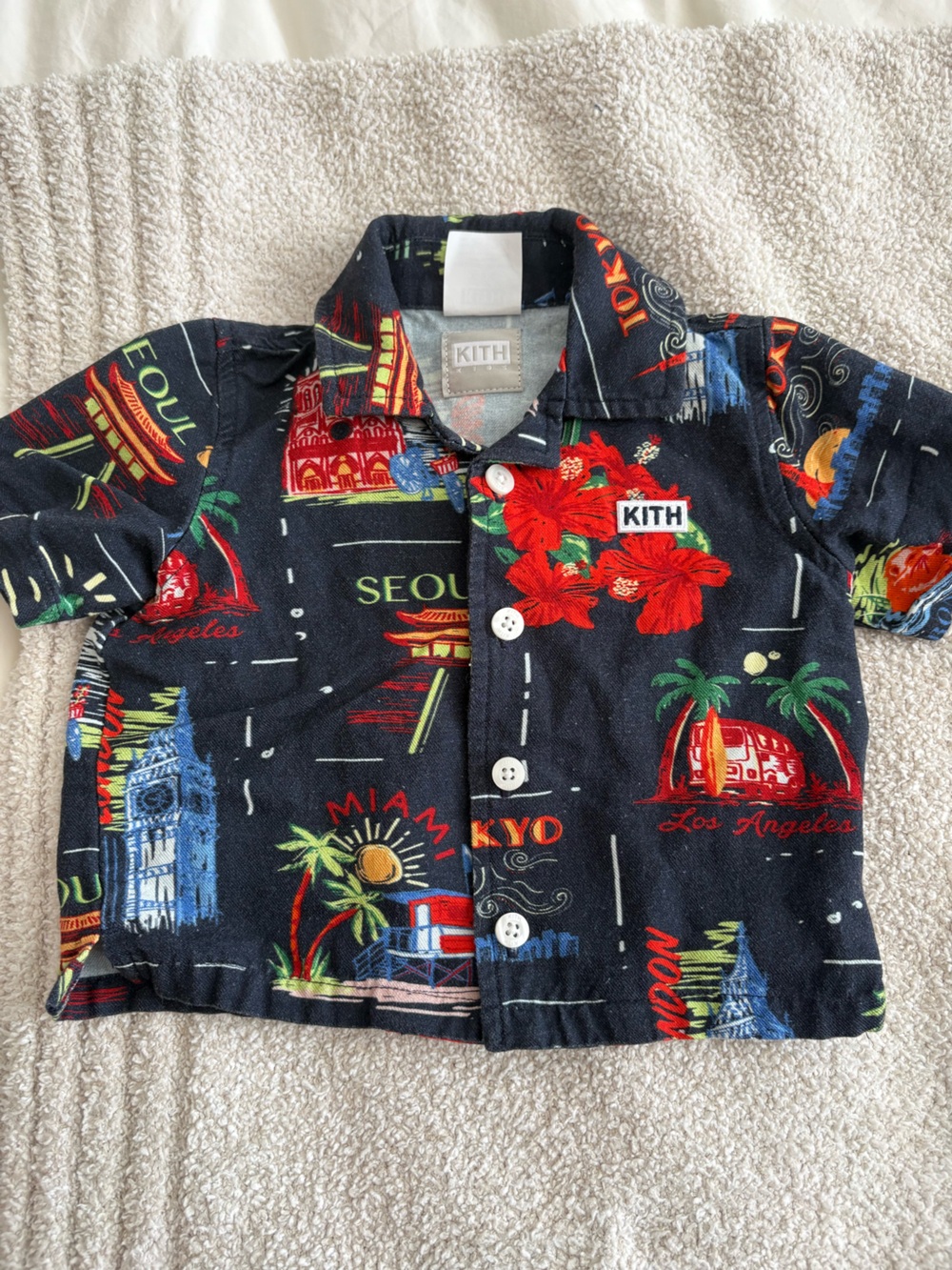 Kith Navy Short-Sleeve Button-Up with Red and Green Tropical Print